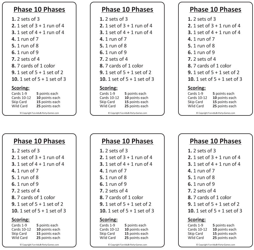 Phase 10 Printable Cards
