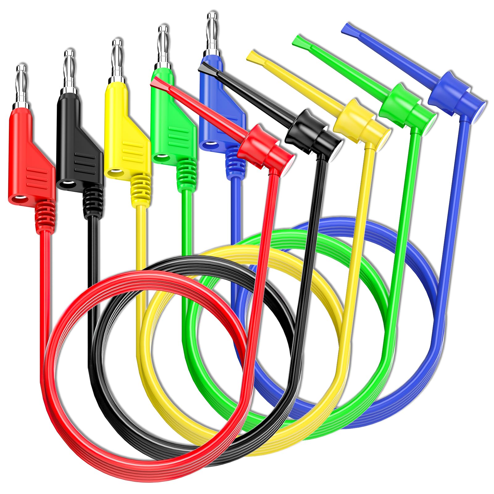 Goupchn Banana to Test Hook Test Leads 5PCS 4mm Stackable Banana Plug to Mini Grabber Clips Flexible Test Cable Wires 500V 5A for Multimeter ...